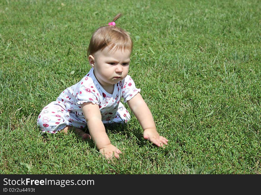 Baby crawling on the green grass