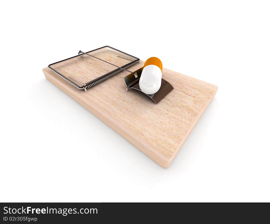 Drugs trap. Mousetrap with pill isolated on white background. High quality 3d render.