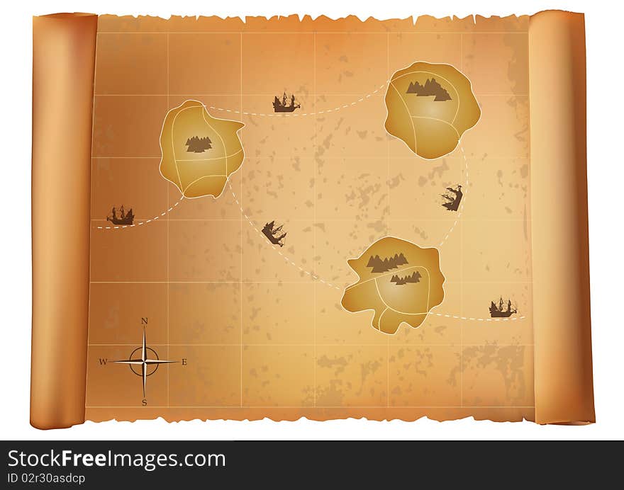 Ancient map with islands and compass. Ancient map with islands and compass