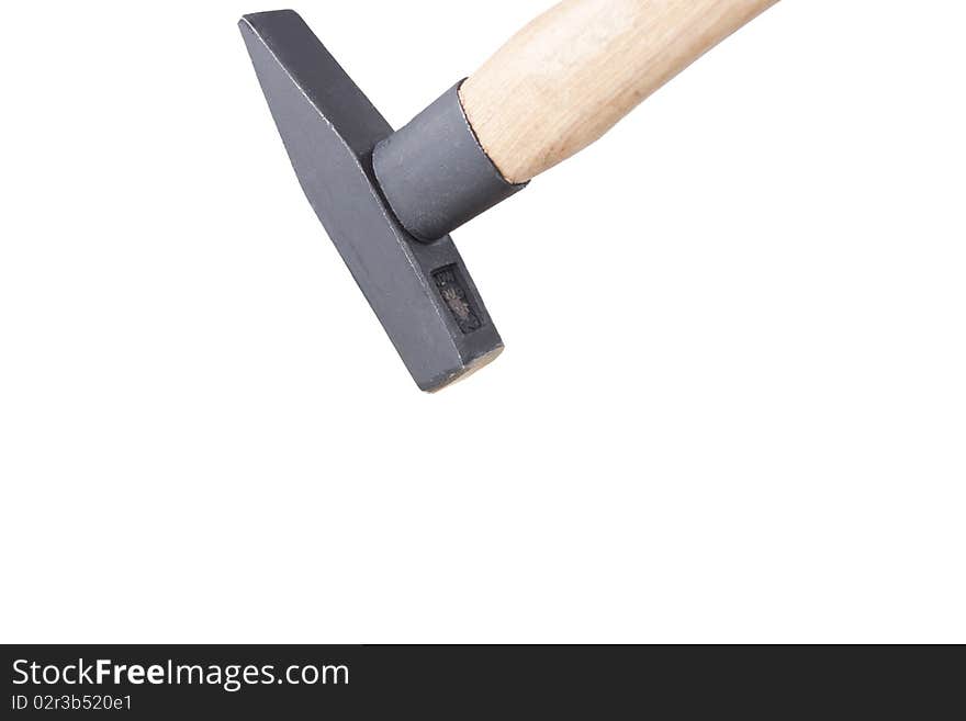 Simple construction combines steel with wood. Reliable timeless tool. Hammer on a white background.