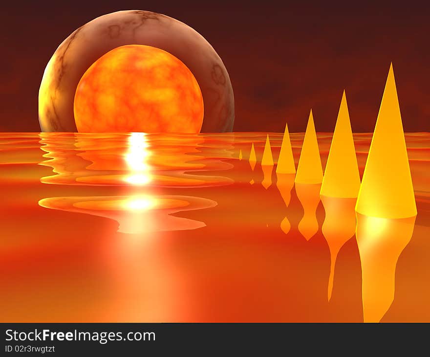 Abstract space landscape, orange ocean