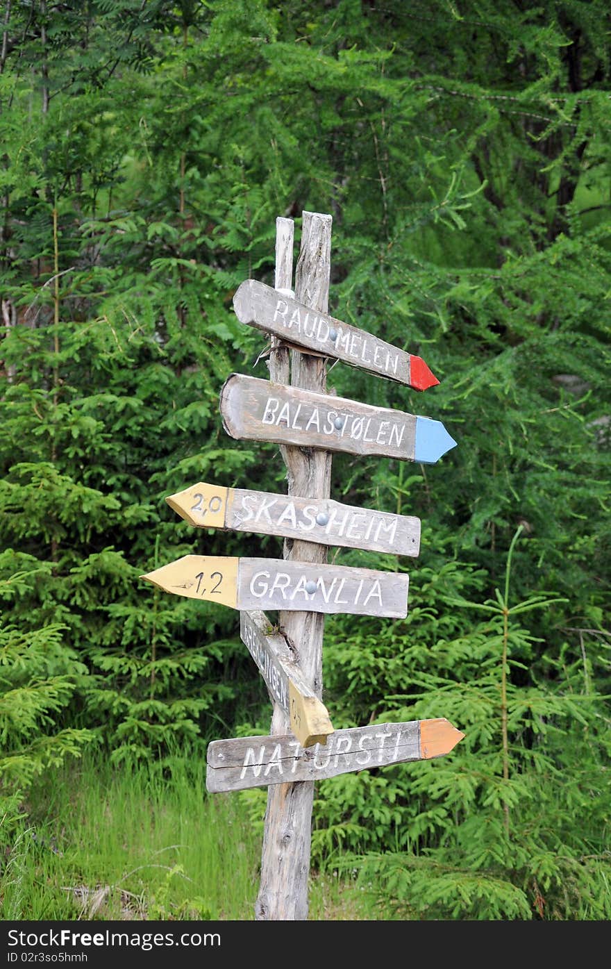 Signpost on nature trail in Norway