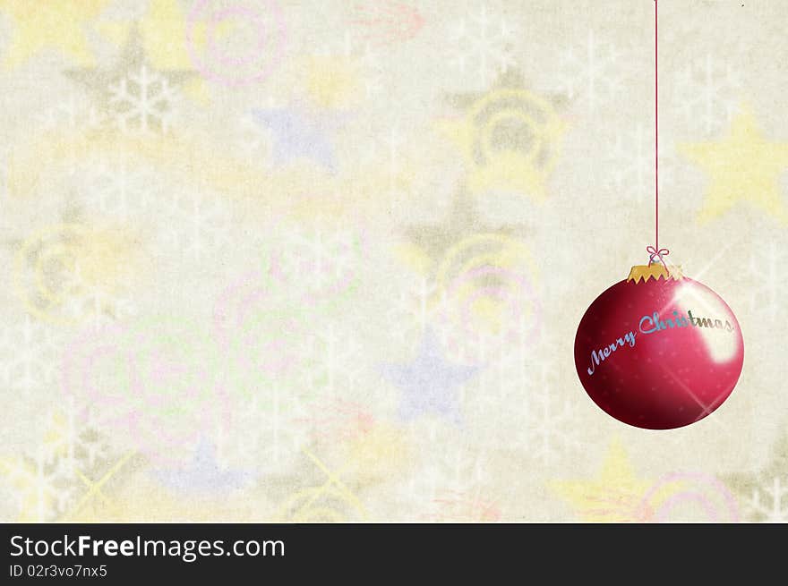 Drawing of Christmas decoration, bauble with write Merry Christmas on it and a lot of room for copyspace around and a creative background