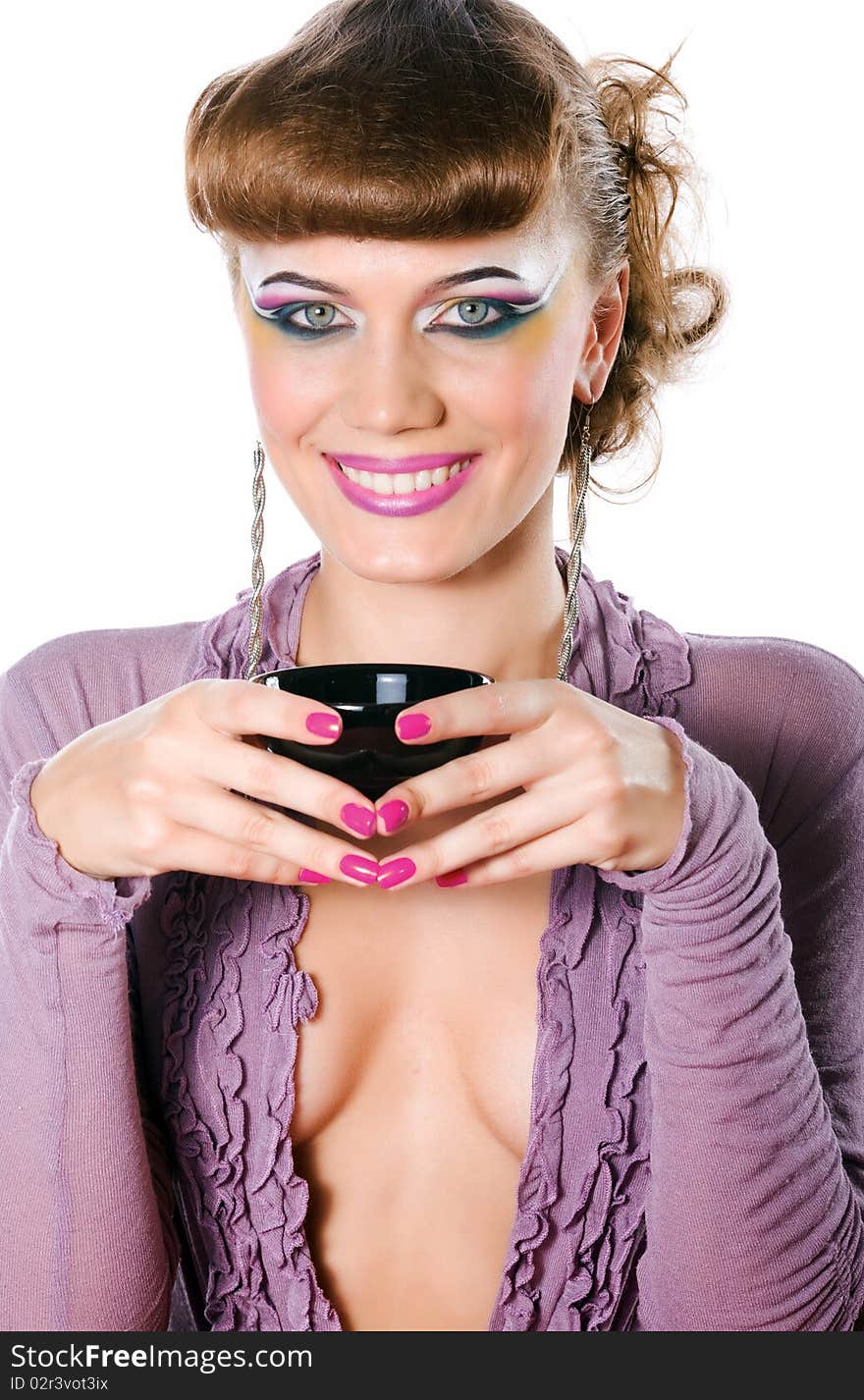 Smiling girl with black coffee cup. Smiling girl with black coffee cup