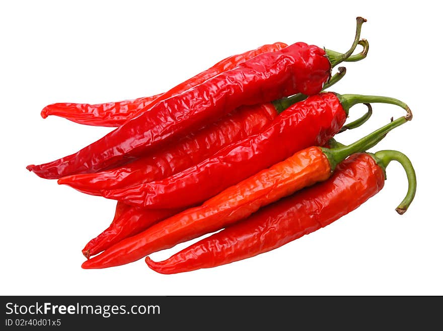 Lots of red sweet peppers hot peppers isolated on white background. Lots of red sweet peppers hot peppers isolated on white background