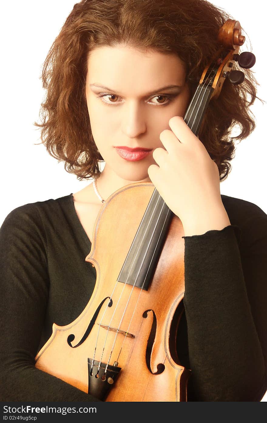 Portrait of violinist with his acoustic violin. Beautiful woman with violin on white  background.