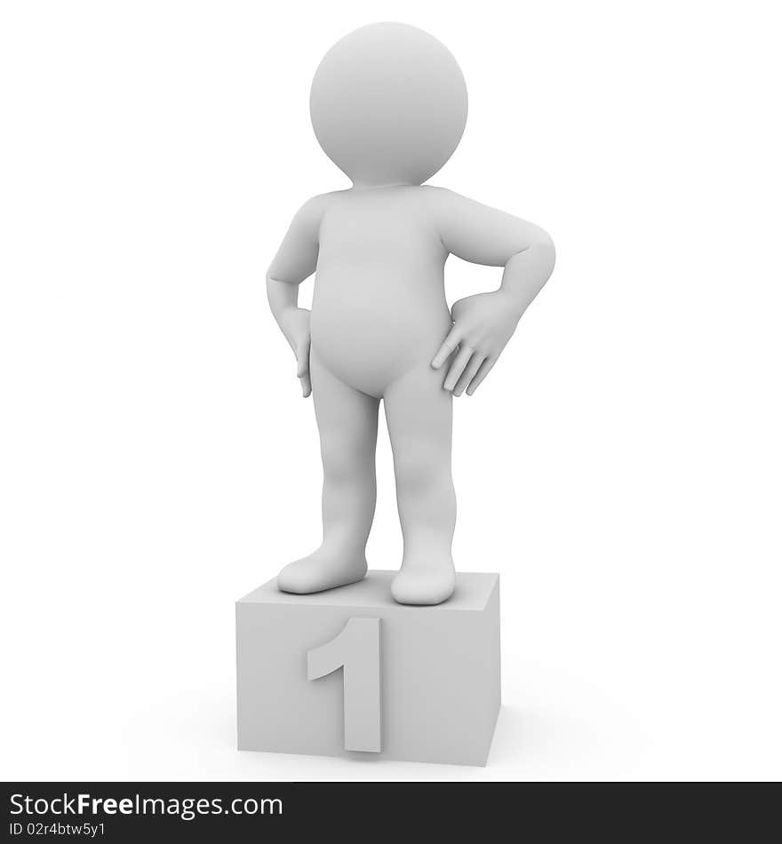 Character standing in a victory pose on a box with first number