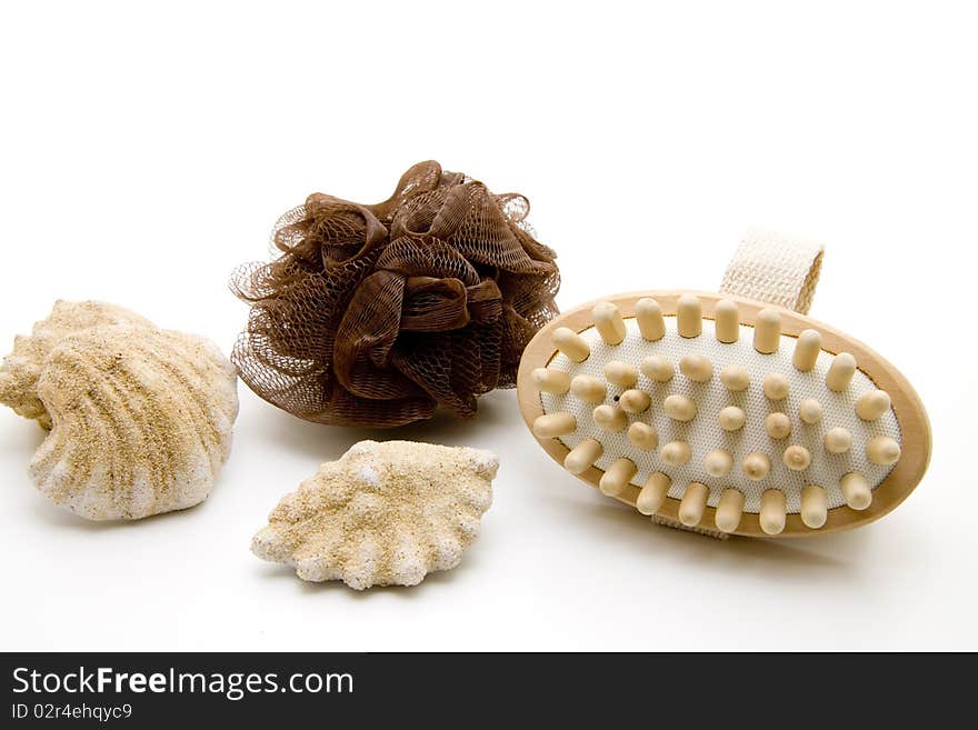 Massage brush and sponge with sea shell