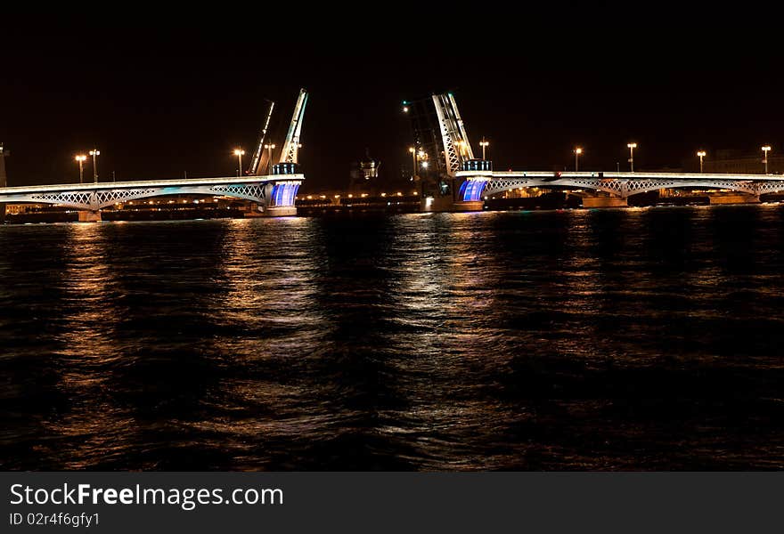 Night view of the Annunciation bridge with illumination. Saint Petersburg, Russia.