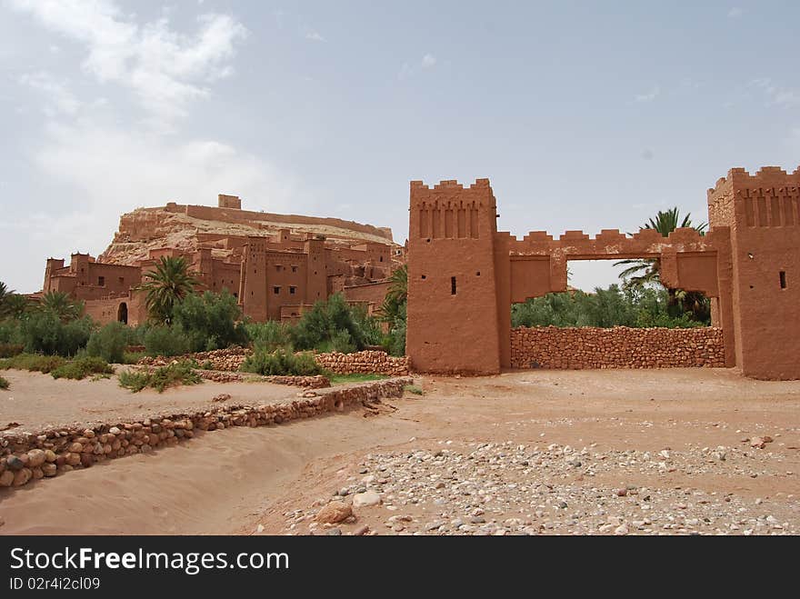 The main entrance into the ancient fortified kasbah of Ait Benhaddou. The main entrance into the ancient fortified kasbah of Ait Benhaddou