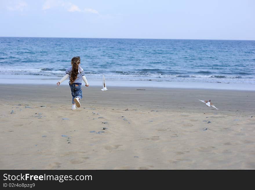 Toddler Girl In Sun Hat On The Beach With Seagull