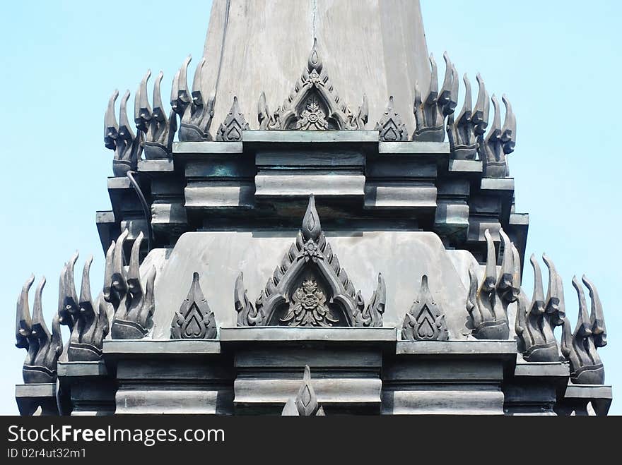 Old sculpture metal rooftop of metal castle in bangkok thailand