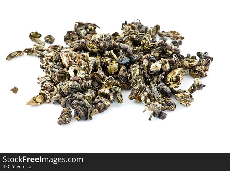 Leaves of green tea on white isolated background