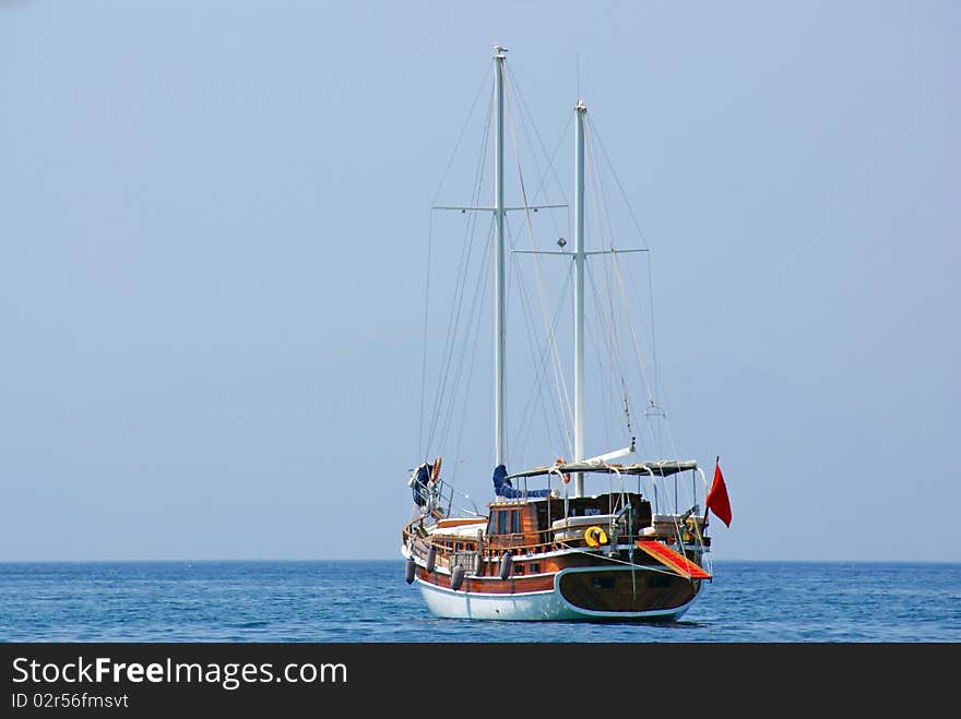 Beautiful sea view with single wooden keel ship