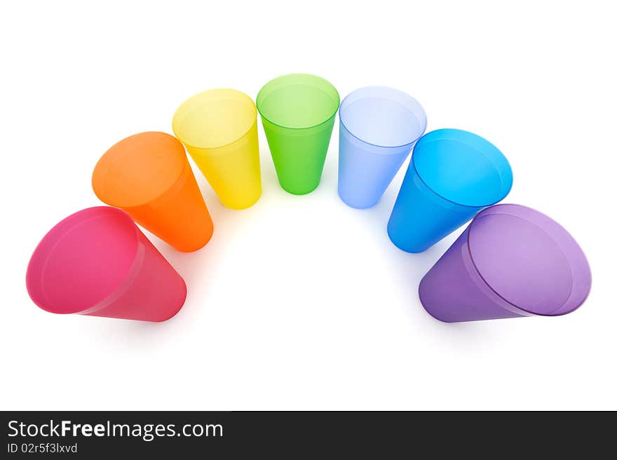 Group of bright plastic cups, rainbow colors