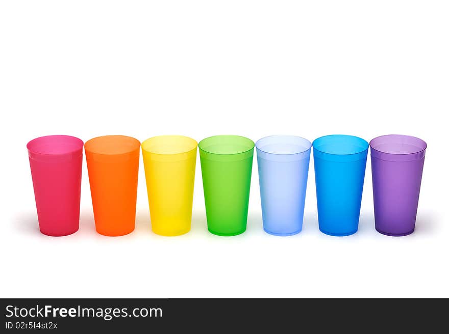 Group of bright plastic cups, rainbow colors