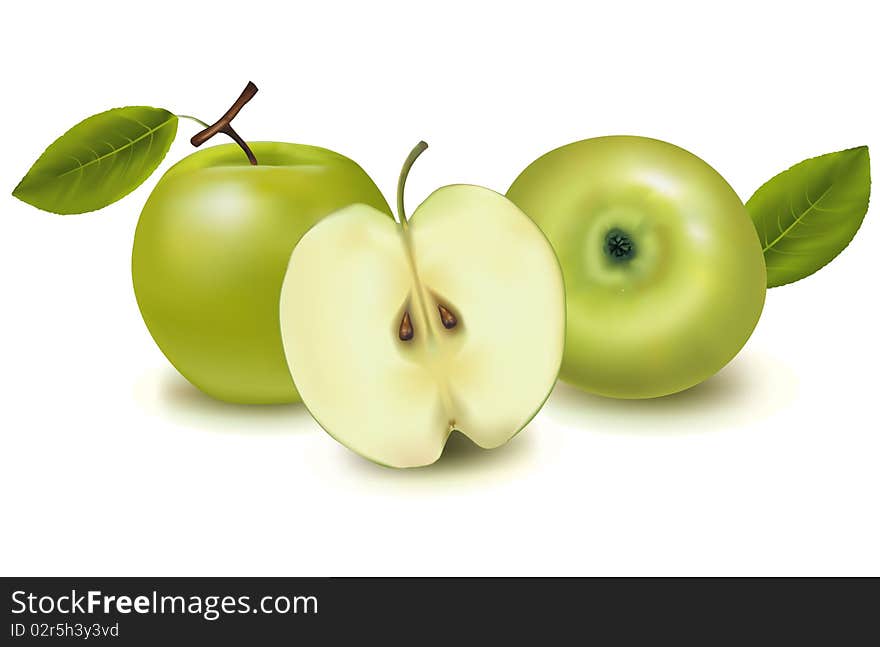 Two green apples with leaves.