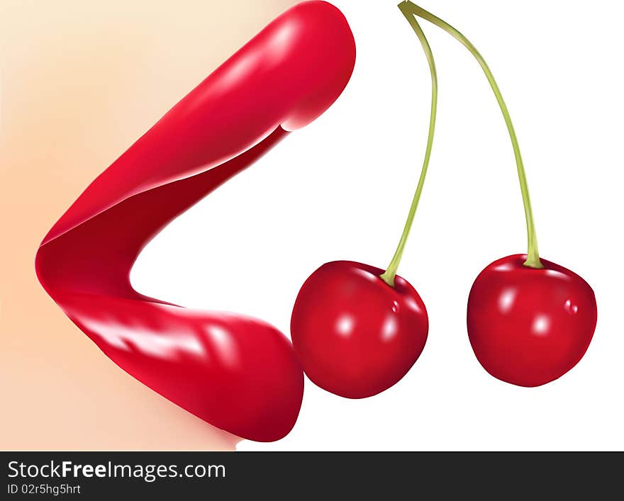 Photo-realistic  illustration. Glamour red gloss lips with cherries.