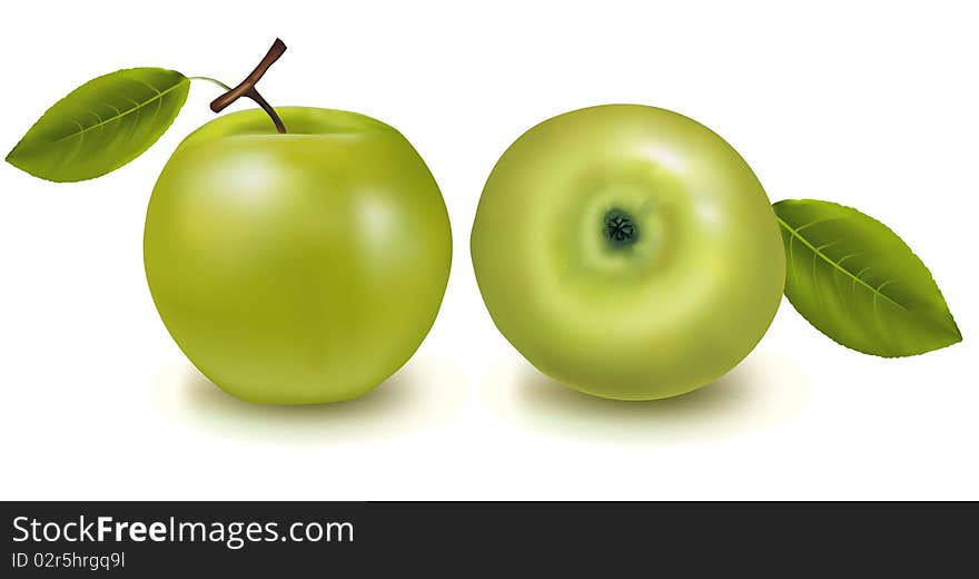 Two Green Apples With Leaves.