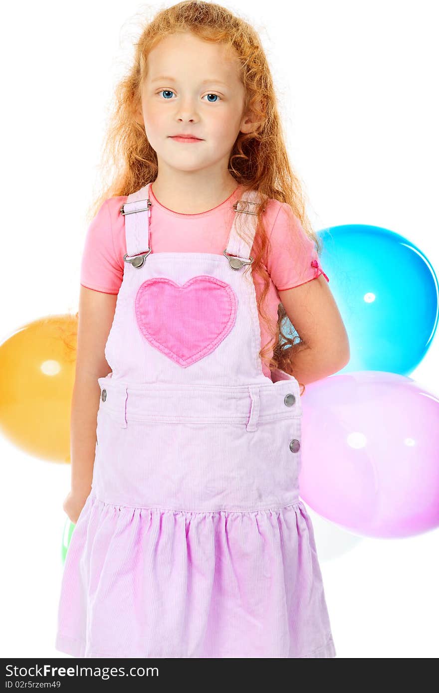 Portrait of a little girl with balloons. Isolated over white background.