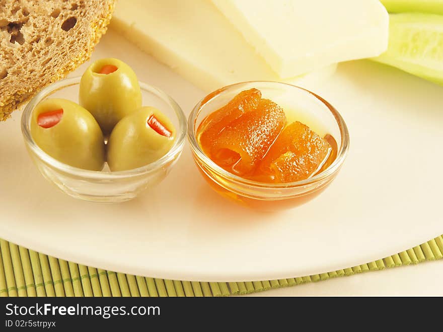 Mediterranean breakfast made of tomato cheese jam and olive