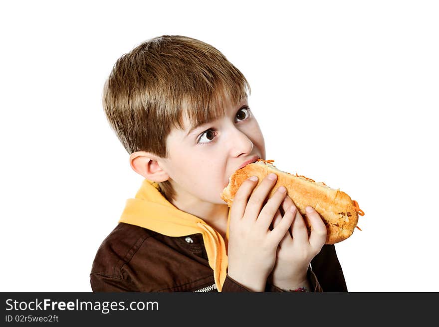 Shot of a hungry boy with a tasty hot dog.