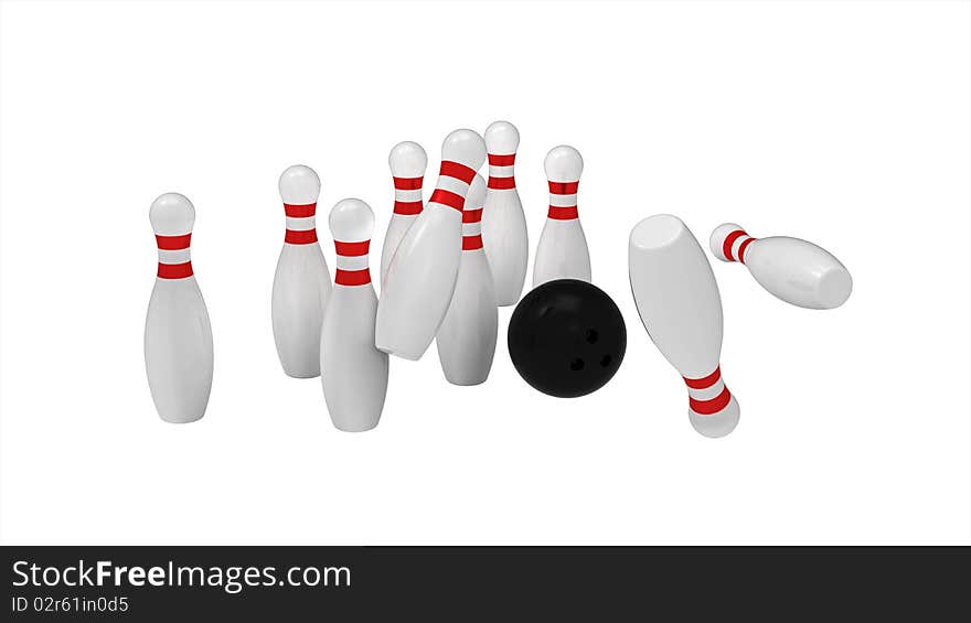 White skittles and black ball isolated on white, bowling, 3d render. White skittles and black ball isolated on white, bowling, 3d render