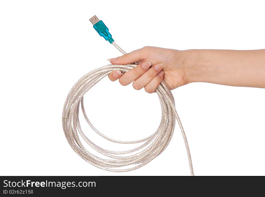 Woman holding power USB cord in the hand