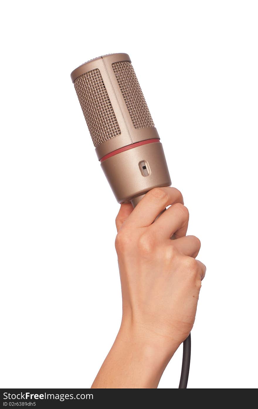 Woman holding big professional microphone for singing. Woman holding big professional microphone for singing