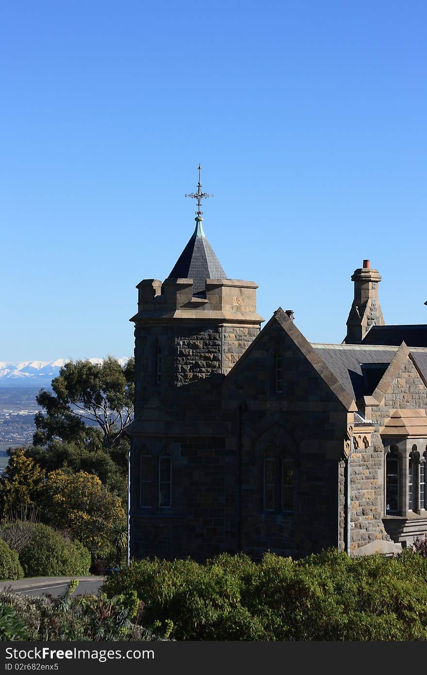 A turret of the sign of the Bellbird, Christchurch, looking over the Canterbury Plains.