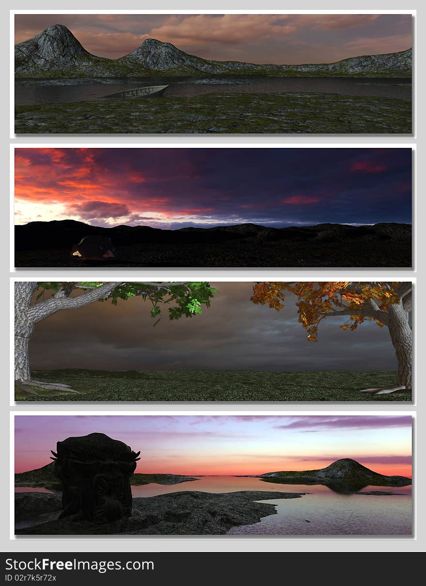 Four different fantasy landscapes for banner