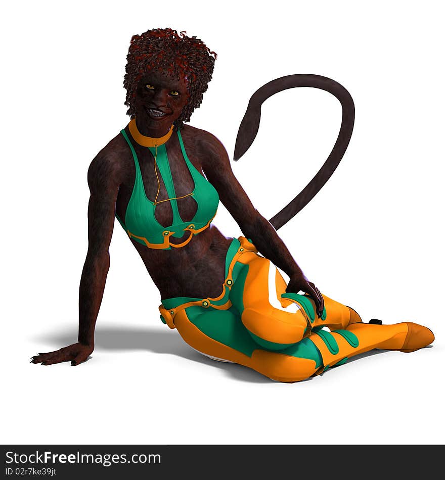 Female panther fantasy creature. 3D rendering with clipping path and shadow over white