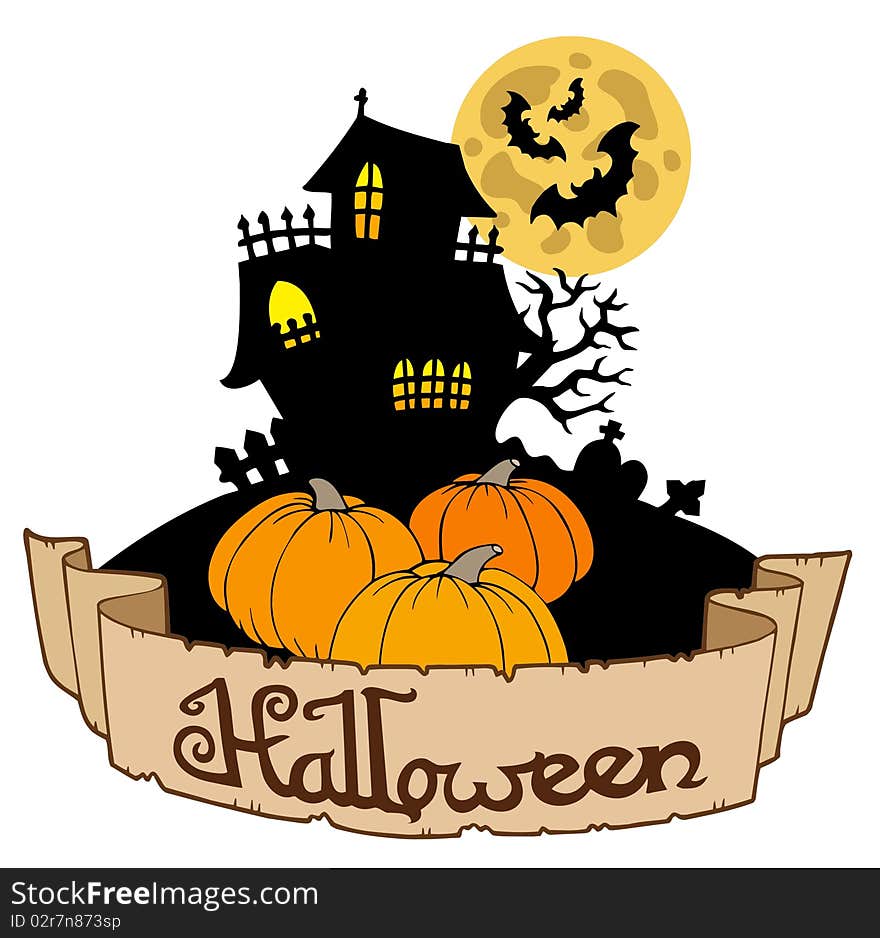 Haunted house with Halloween banner - illustration.