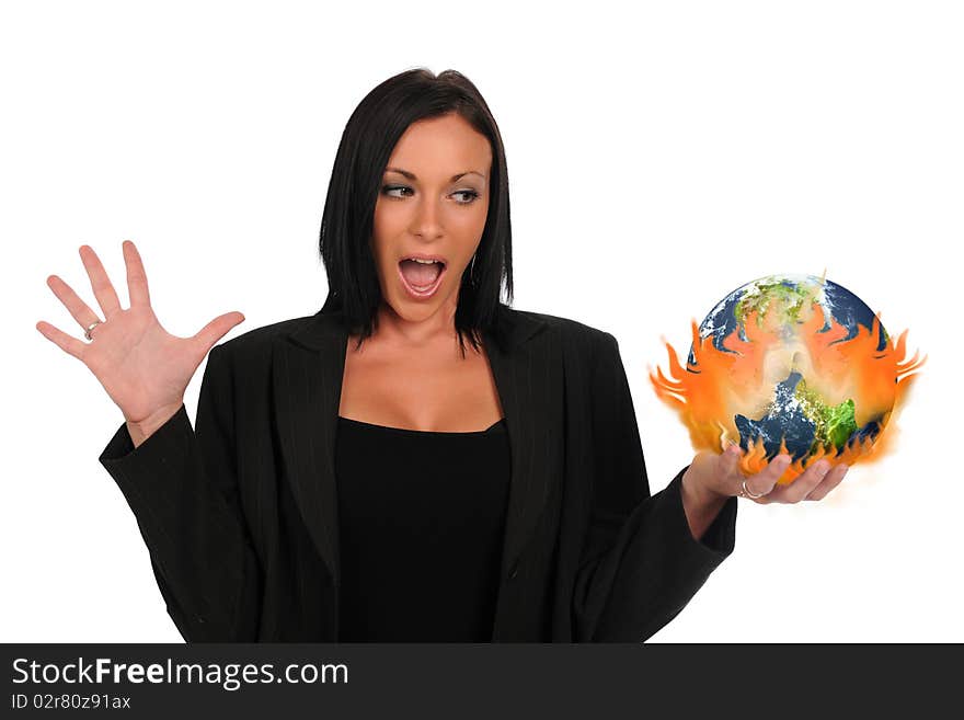 Businesswoman holding the earth on fire