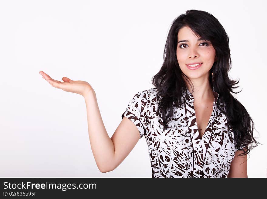 Young woman smiling and holding your product