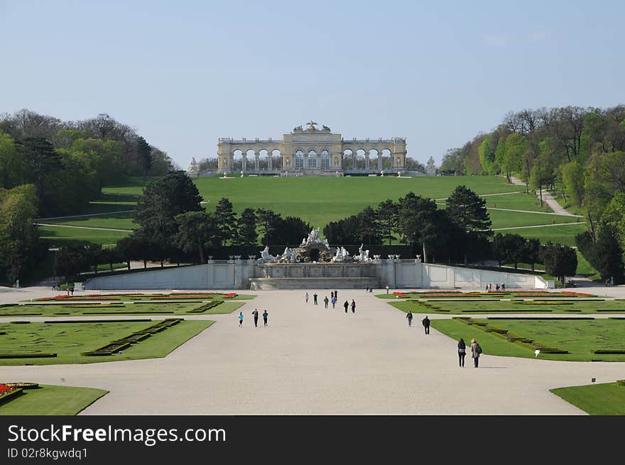 View of the Great Parterre on to the Gloriette. View of the Great Parterre on to the Gloriette.