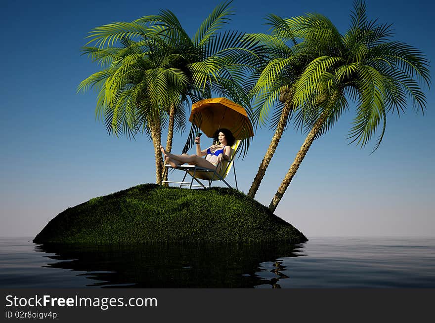 Girl resting on a green island in the sea