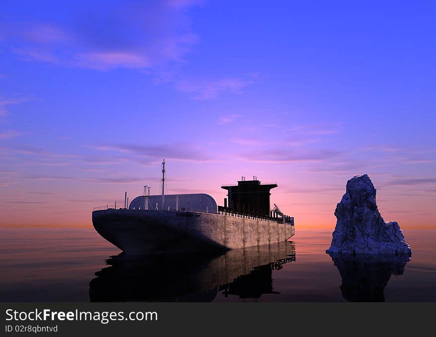 The cargo ship in the sea