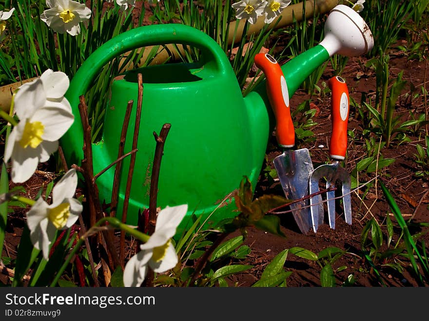 Green Watering Can with Gardening Equipment behind