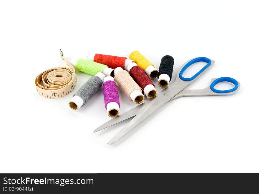 Group of spools of thread on white background