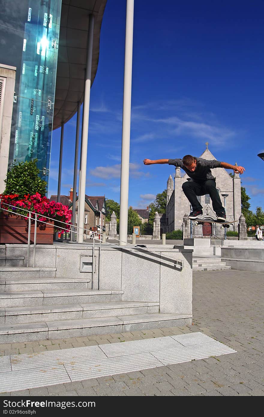 Jamie Fairbrother skate boarding at University College Cork, Ireland. Jamie Fairbrother skate boarding at University College Cork, Ireland