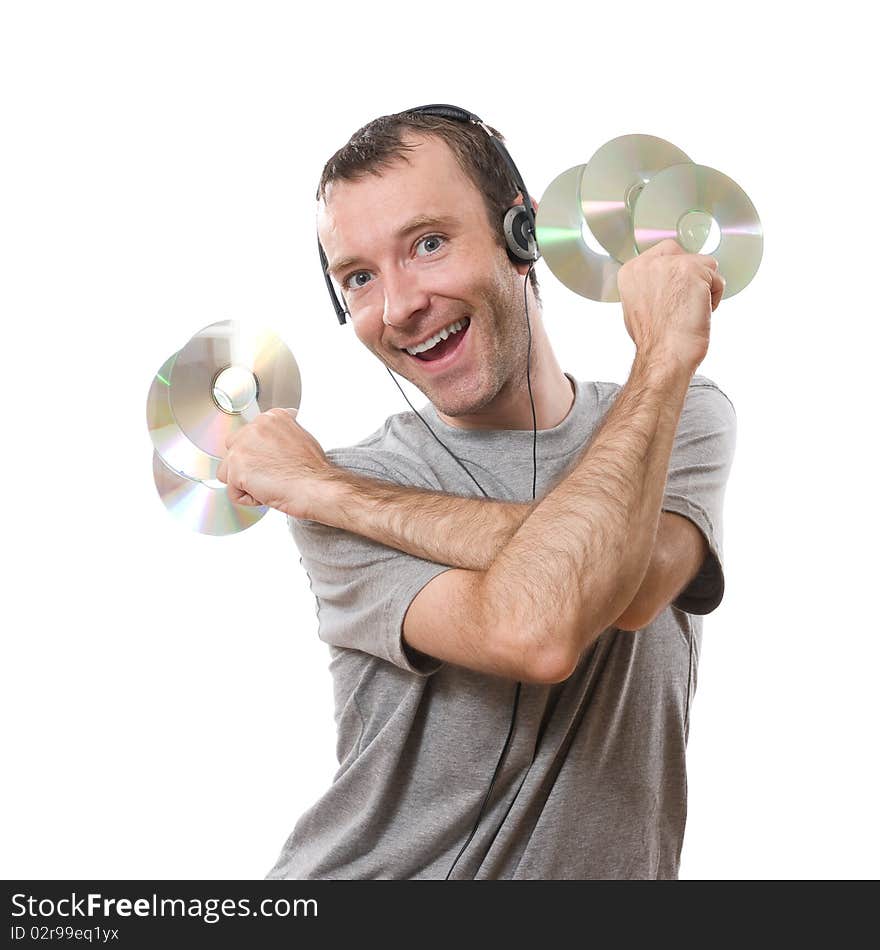 Happy man listening music iwith cds in the hands. Happy man listening music iwith cds in the hands