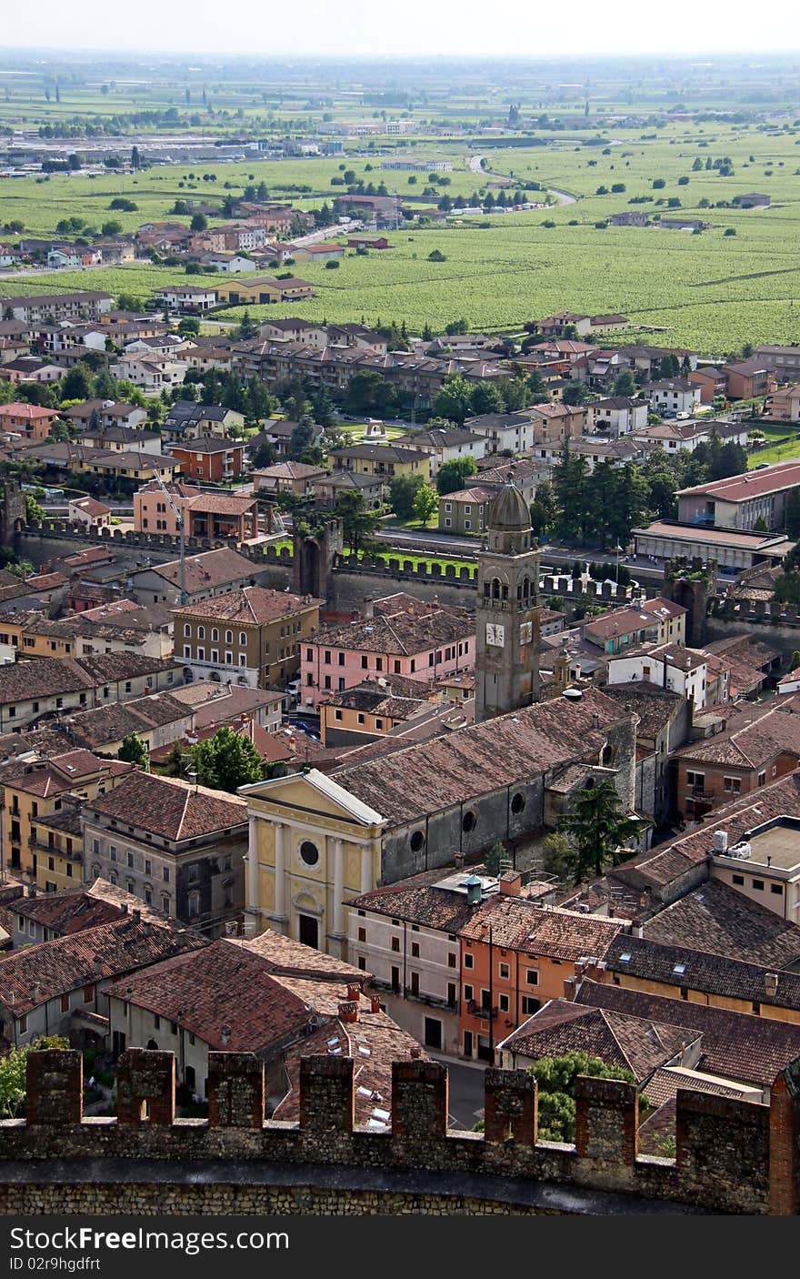 View from Scaligero Castle on Tenda Hill of the town of Soave, famous for wine and grape vineyards, Veneto, Italy. View from Scaligero Castle on Tenda Hill of the town of Soave, famous for wine and grape vineyards, Veneto, Italy