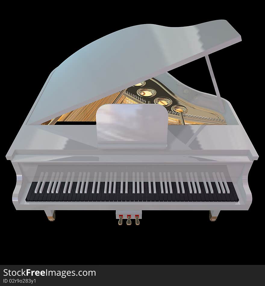 White piano isolated on a black background. White piano isolated on a black background