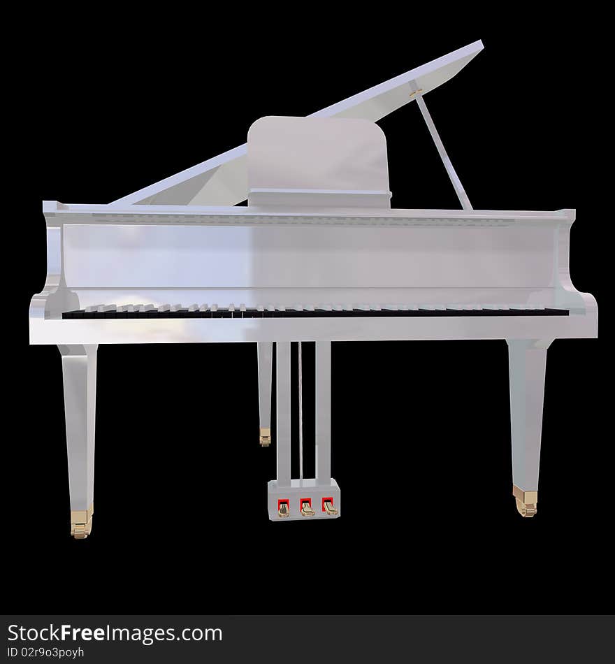 White piano isolated on a black background. White piano isolated on a black background