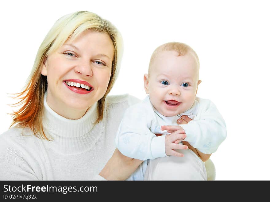 Smiling happy mother and her baby on white. Smiling happy mother and her baby on white