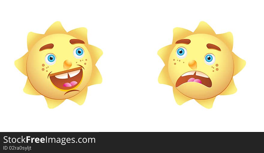 Happy sun character and frightened sun character. Happy sun character and frightened sun character