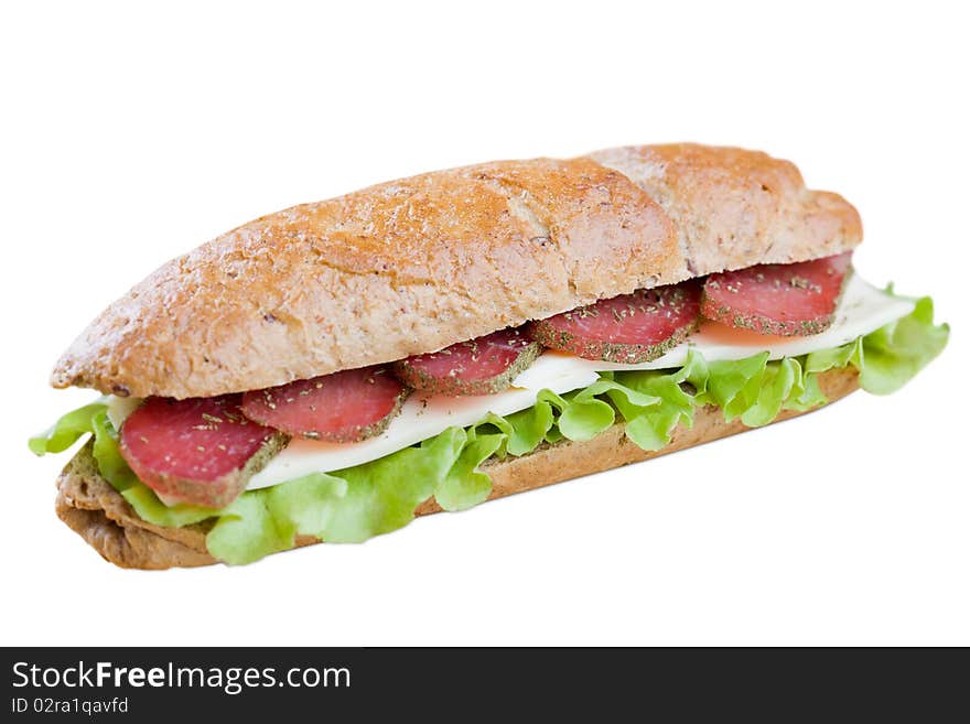 Fresh sandwich with dry meat and cheese on dietetic bread on white background