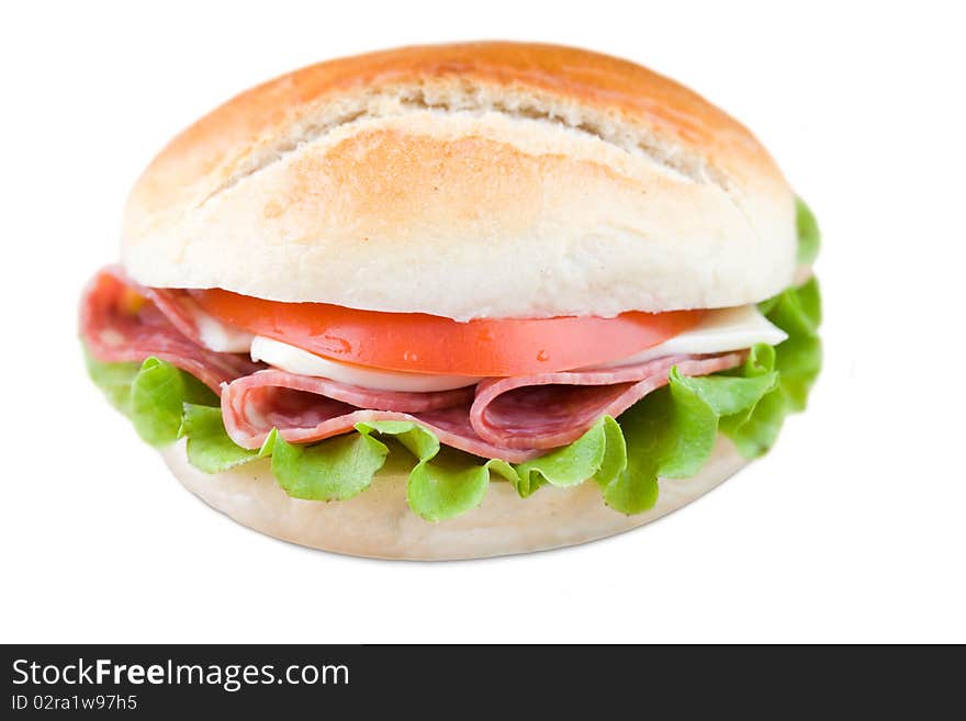 Close up of fresh sandwich with veggies and meat