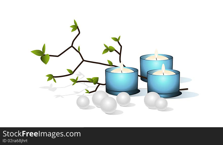 Blue candles and pearls with a branch. Blue candles and pearls with a branch.